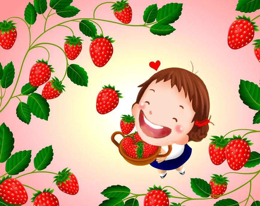 摘草莓只见中间躺着一些草莓,有许多还白中透红,没有成熟.